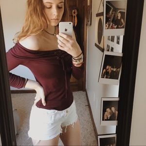 Off the shoulder maroon shirt